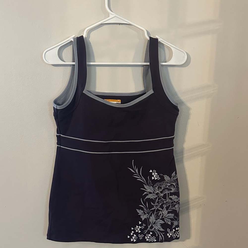 Lucy Black Tank Top with Gray Floral Accent